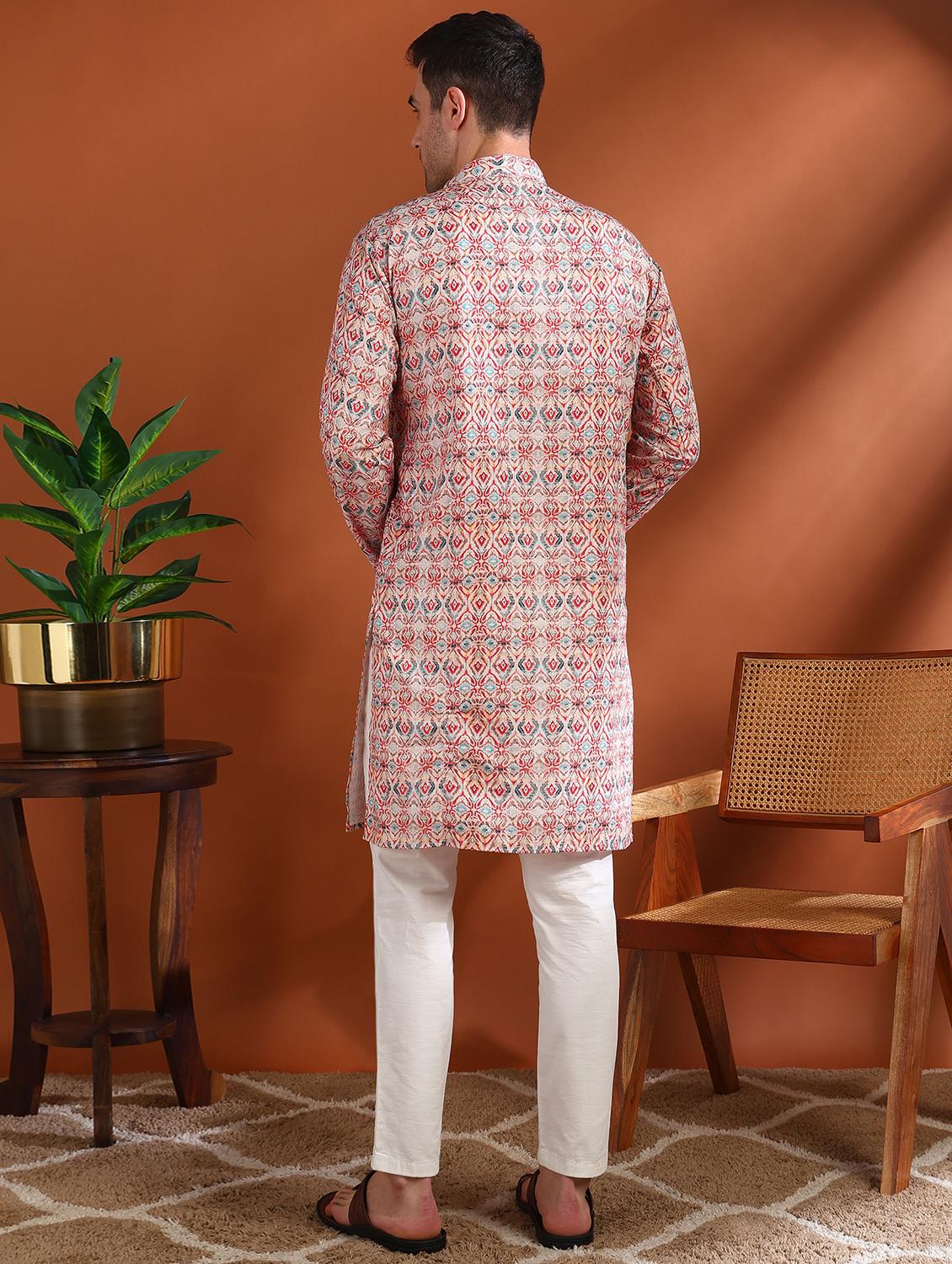 men printed mandarin neck long kurta - 21750731 - Standard Image - 3