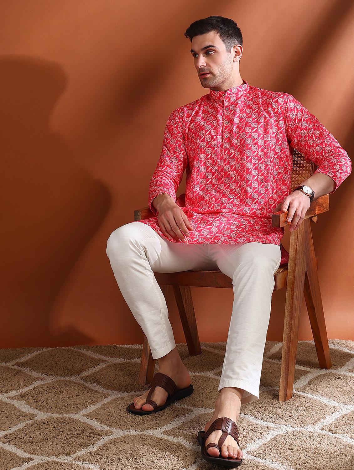men printed mandarin neck long kurta - 21750733 - Standard Image - 3