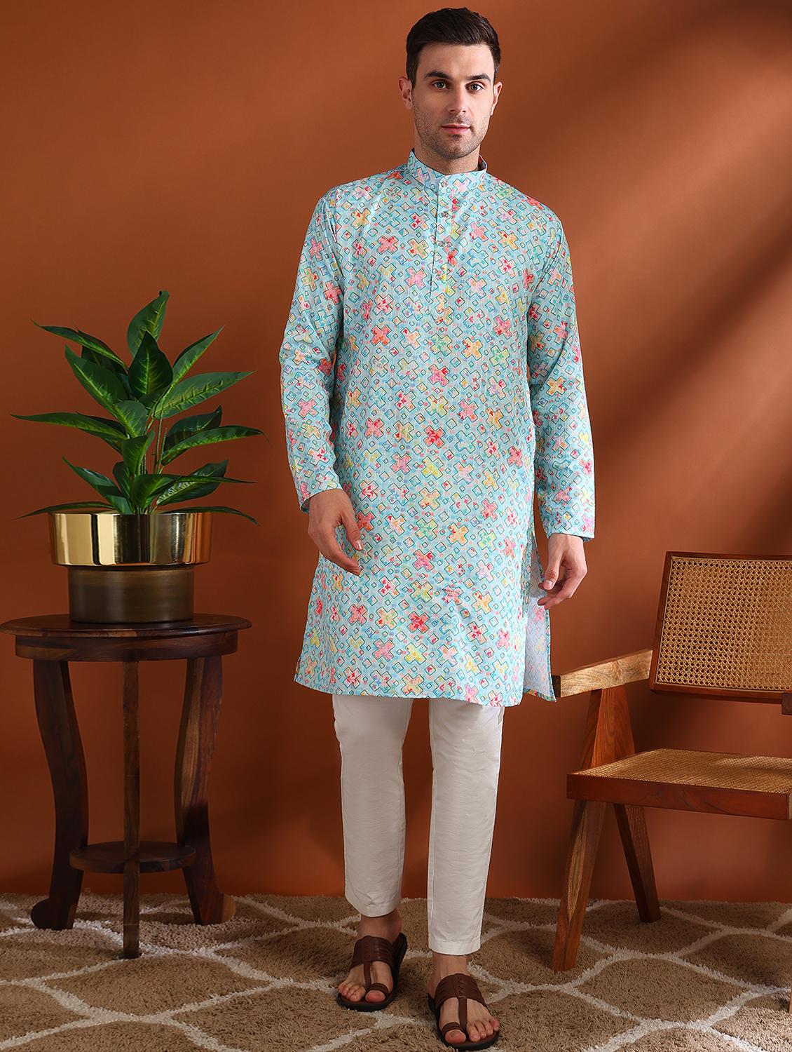 men printed mandarin neck long kurta - 21750734 - Zoom Image - 0