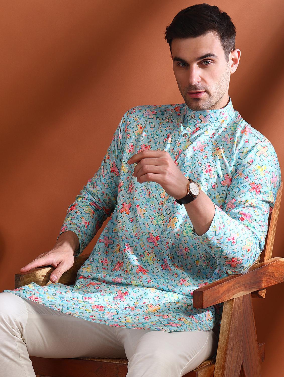men printed mandarin neck long kurta - 21750734 - Standard Image - 3