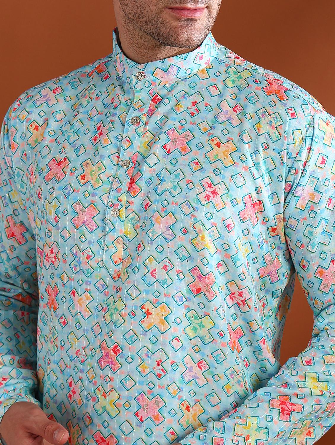 men printed mandarin neck long kurta - 21750734 - Standard Image - 5