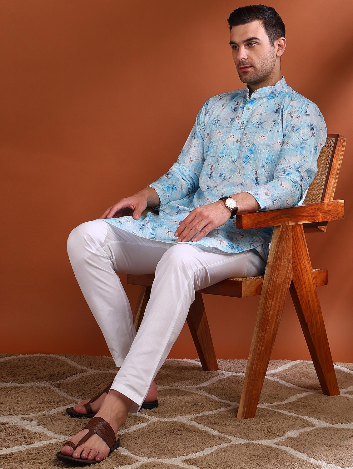 men printed mandarin neck long kurta - 21750735 - Standard Image - 3