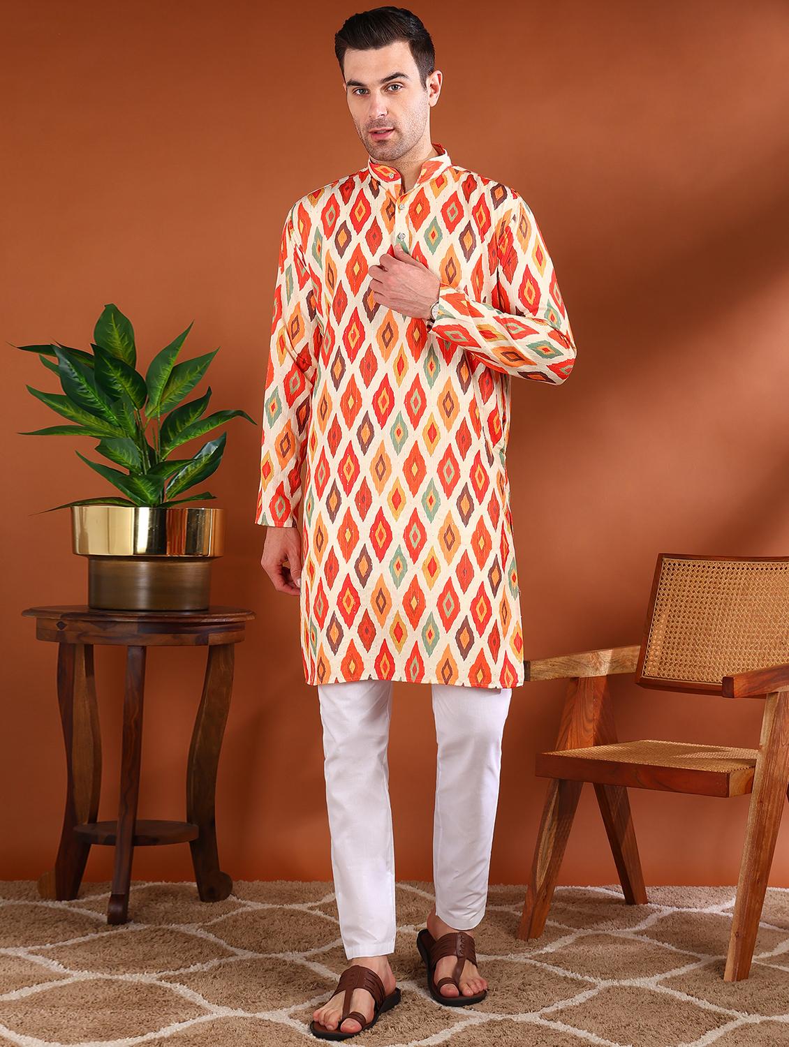 men printed mandarin neck long kurta