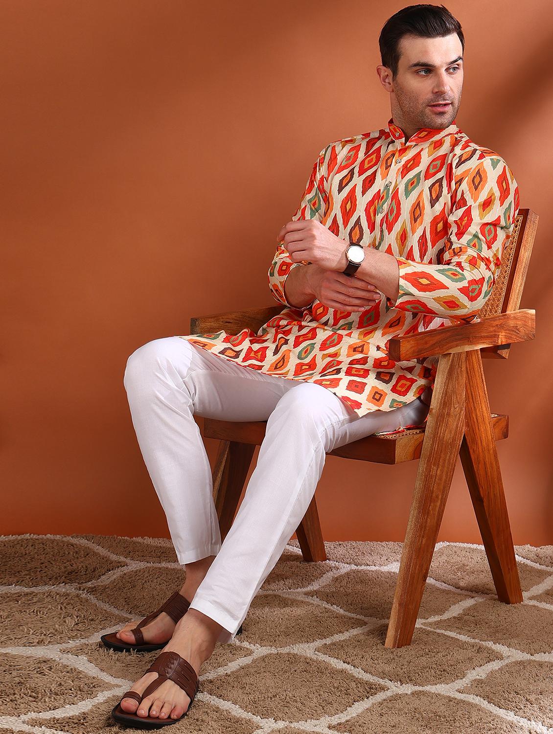 men printed mandarin neck long kurta - 21750737 - Standard Image - 3