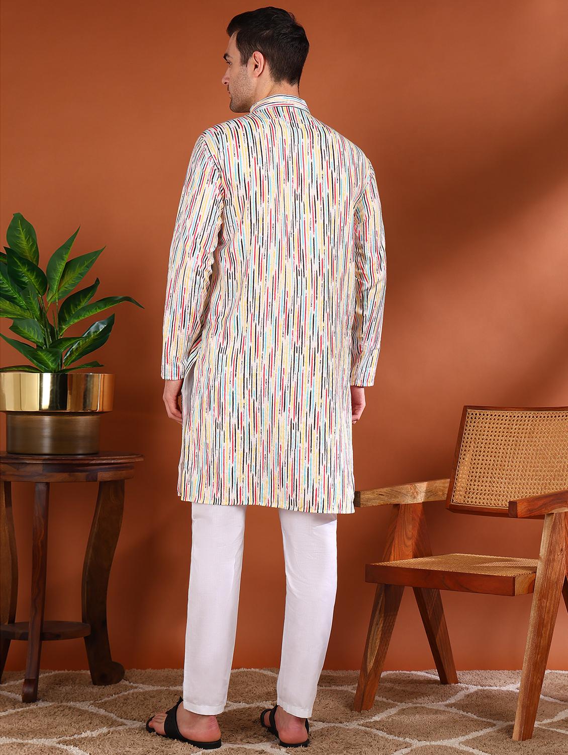 men printed mandarin neck long kurta - 21750739 - Standard Image - 3