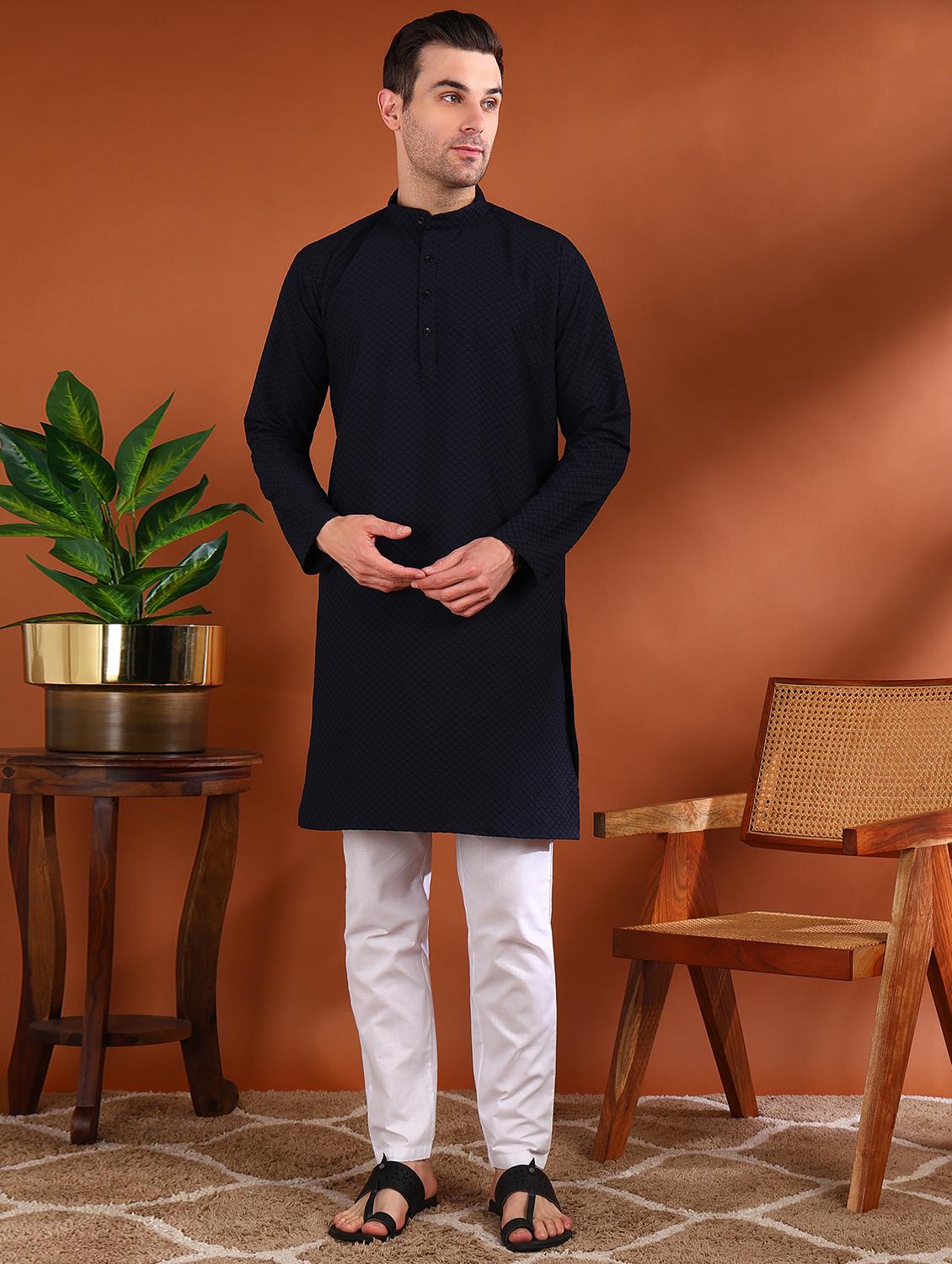 men self design mandarin neck long kurta