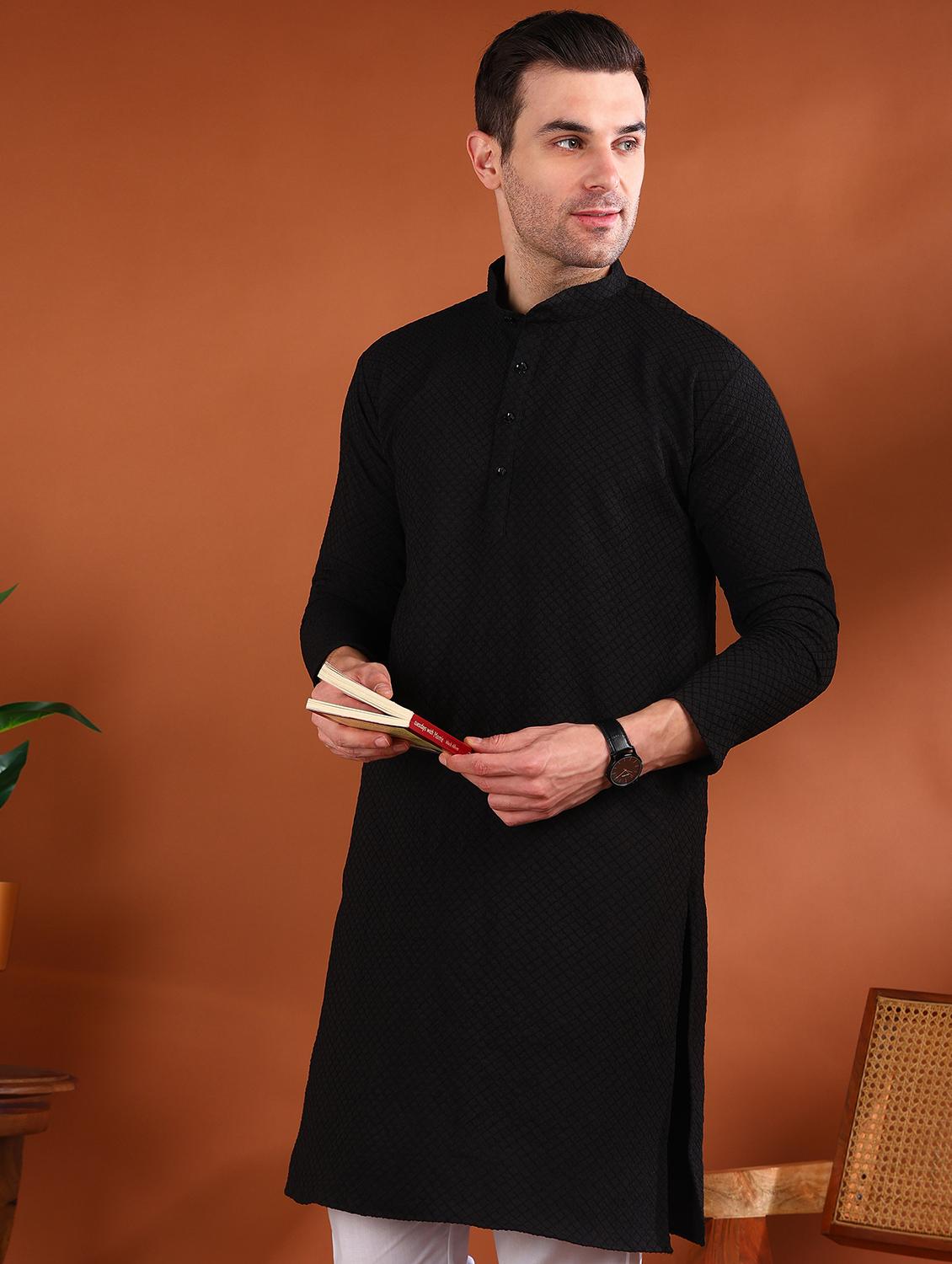 men self design mandarin neck long kurta - 21750741 - Standard Image - 3