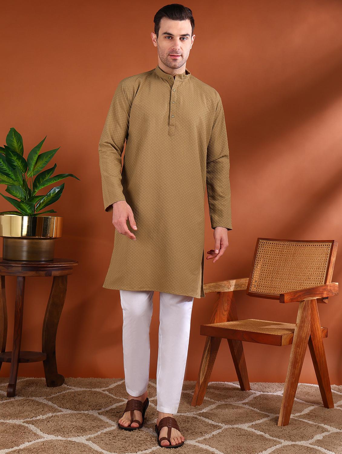 men self design mandarin neck long kurta - 21750743 -  Zoom Image - 0
