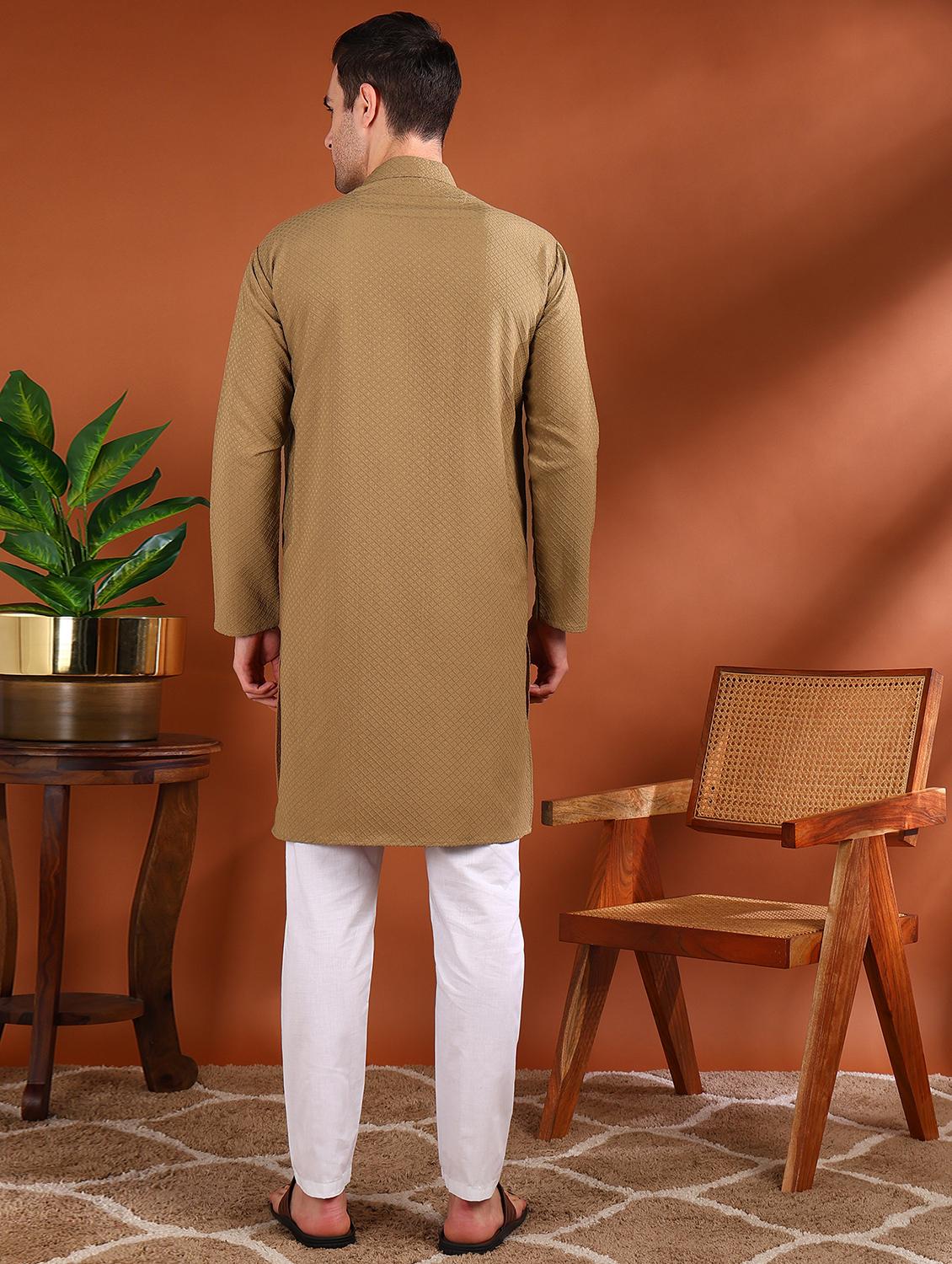 men self design mandarin neck long kurta - 21750743 - Standard Image - 3