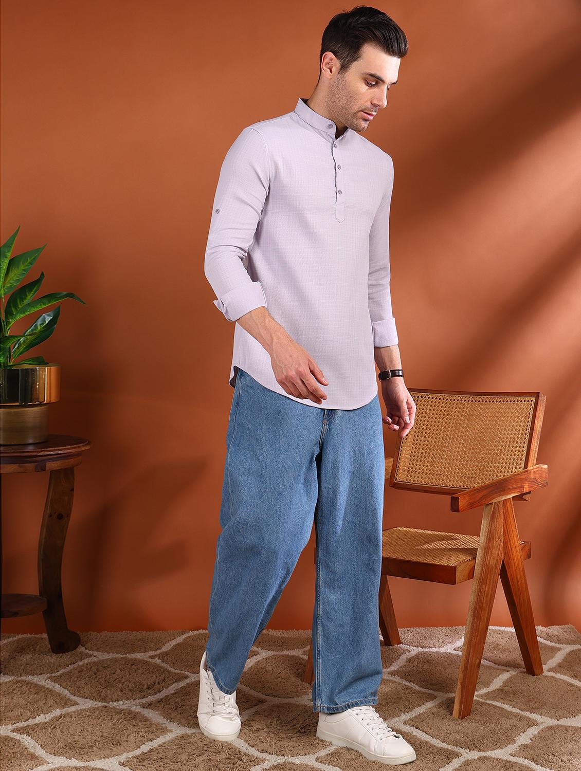 men solid mandarin neck short kurta - 21750748 - Standard Image - 3