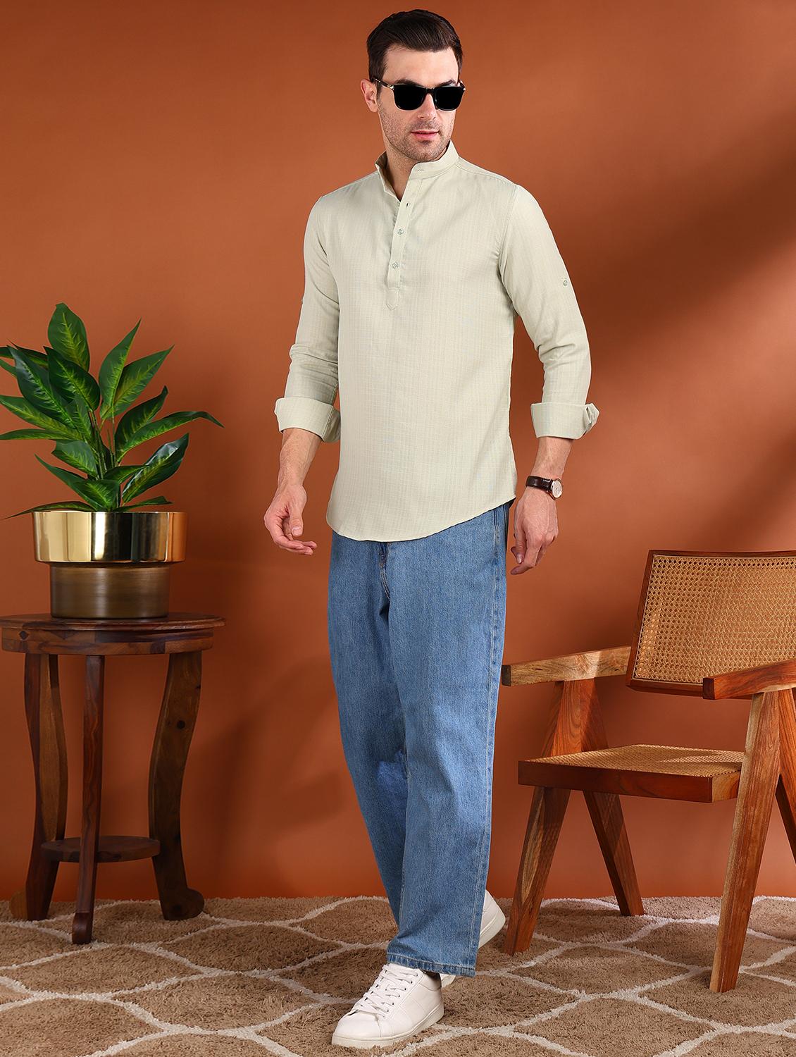 men solid mandarin neck short kurta - 21750751 - Standard Image - 3