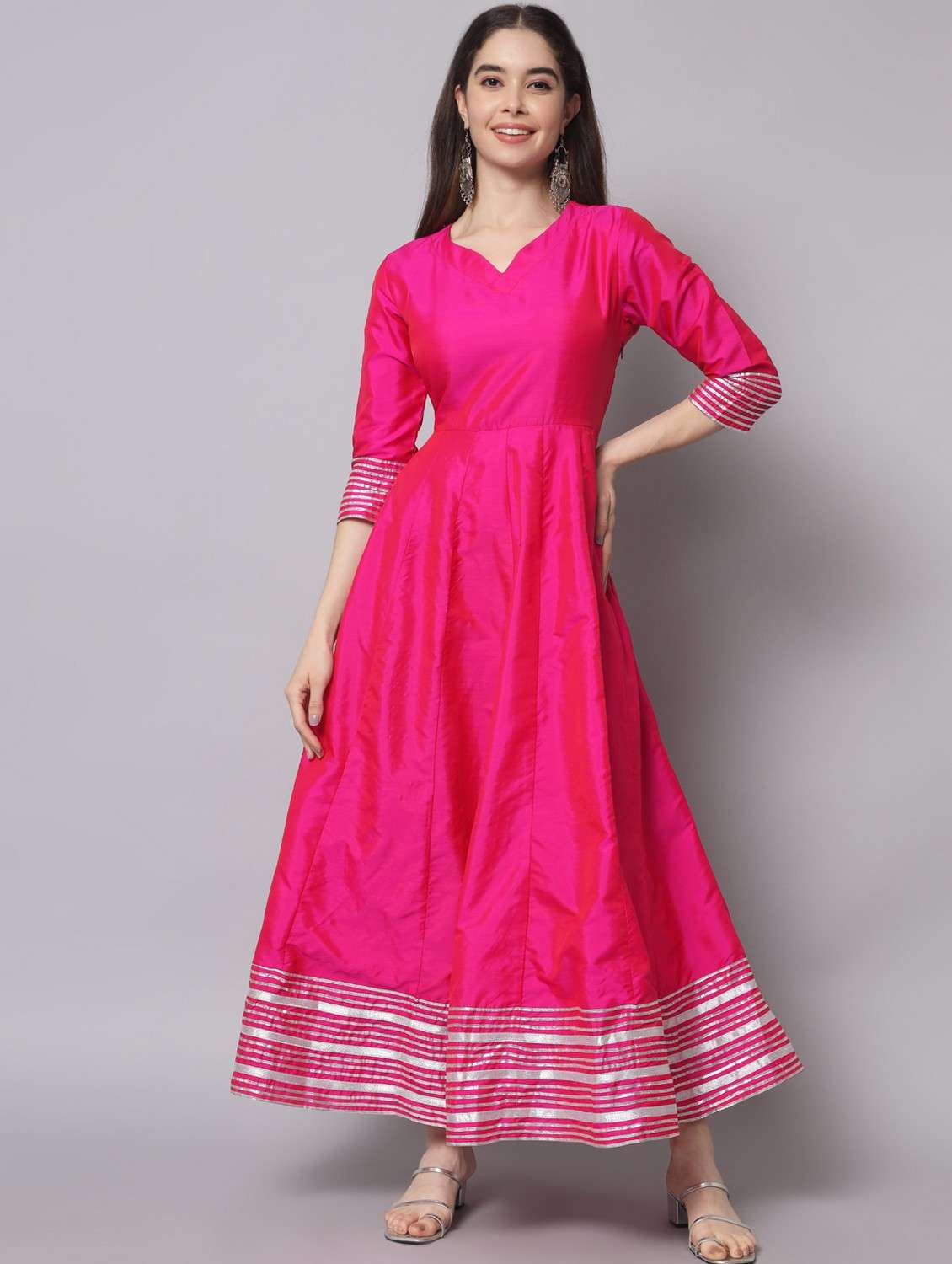 women pink three quarter sleeve flared ethnic dress