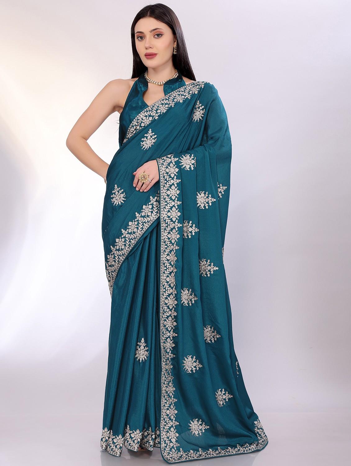 women solid with work embroidered saree with blouse - 21753259 -  Zoom Image - 0