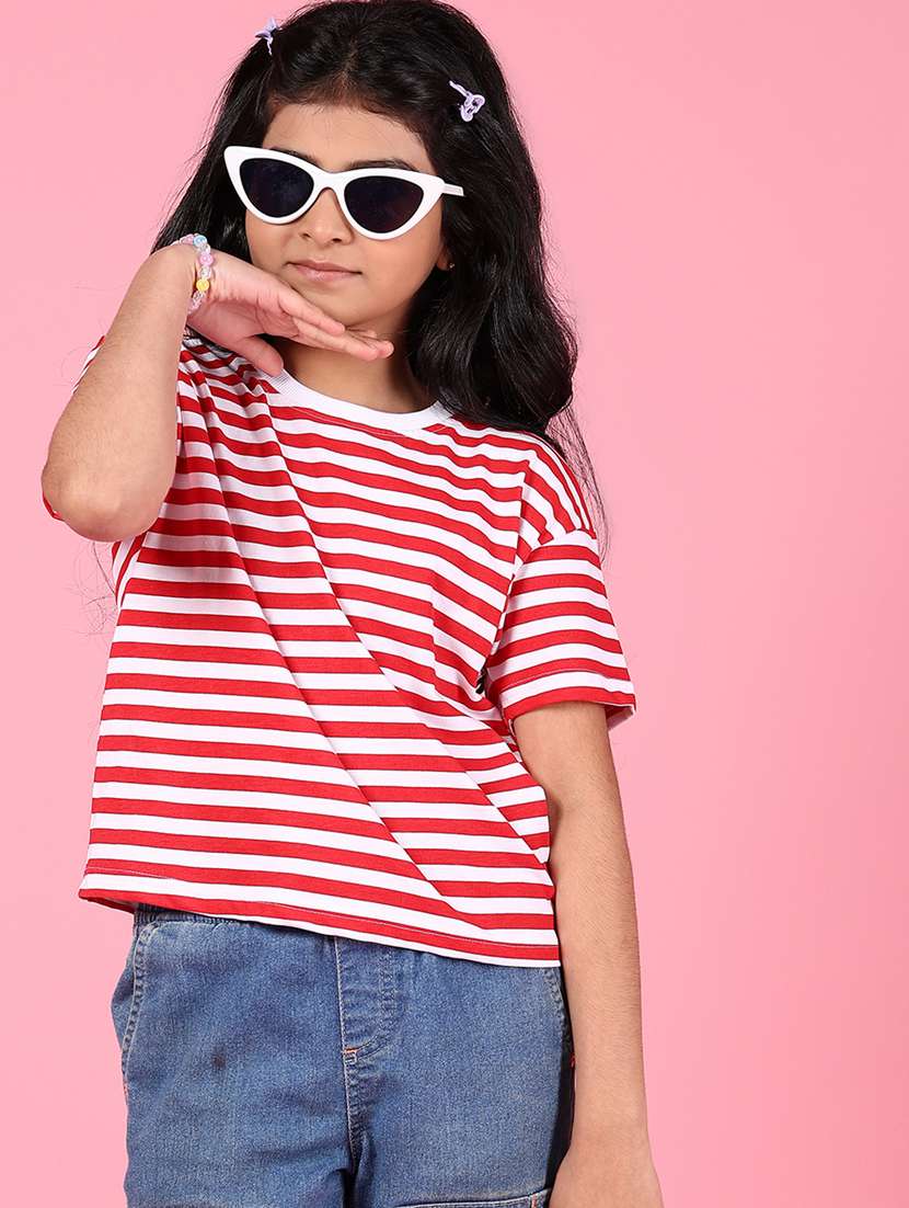 girls striped round neck short sleeves tee