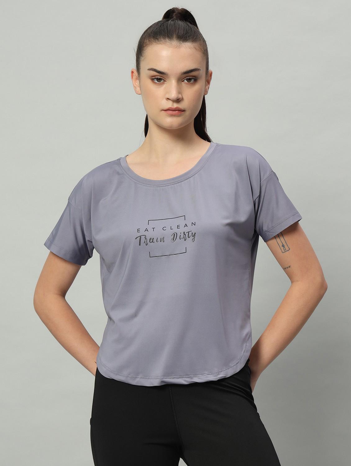 women grey typographic round neck t-shirt - 21762568 -  Zoom Image - 0