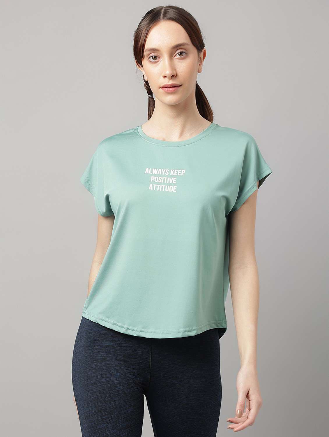 women green typographic round neck t-shirt