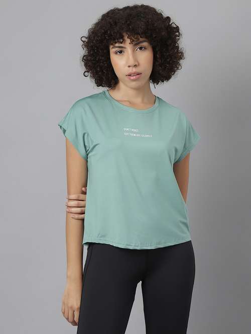women green typographic round neck t-shirt - 21762609 -  Standard Image - 0