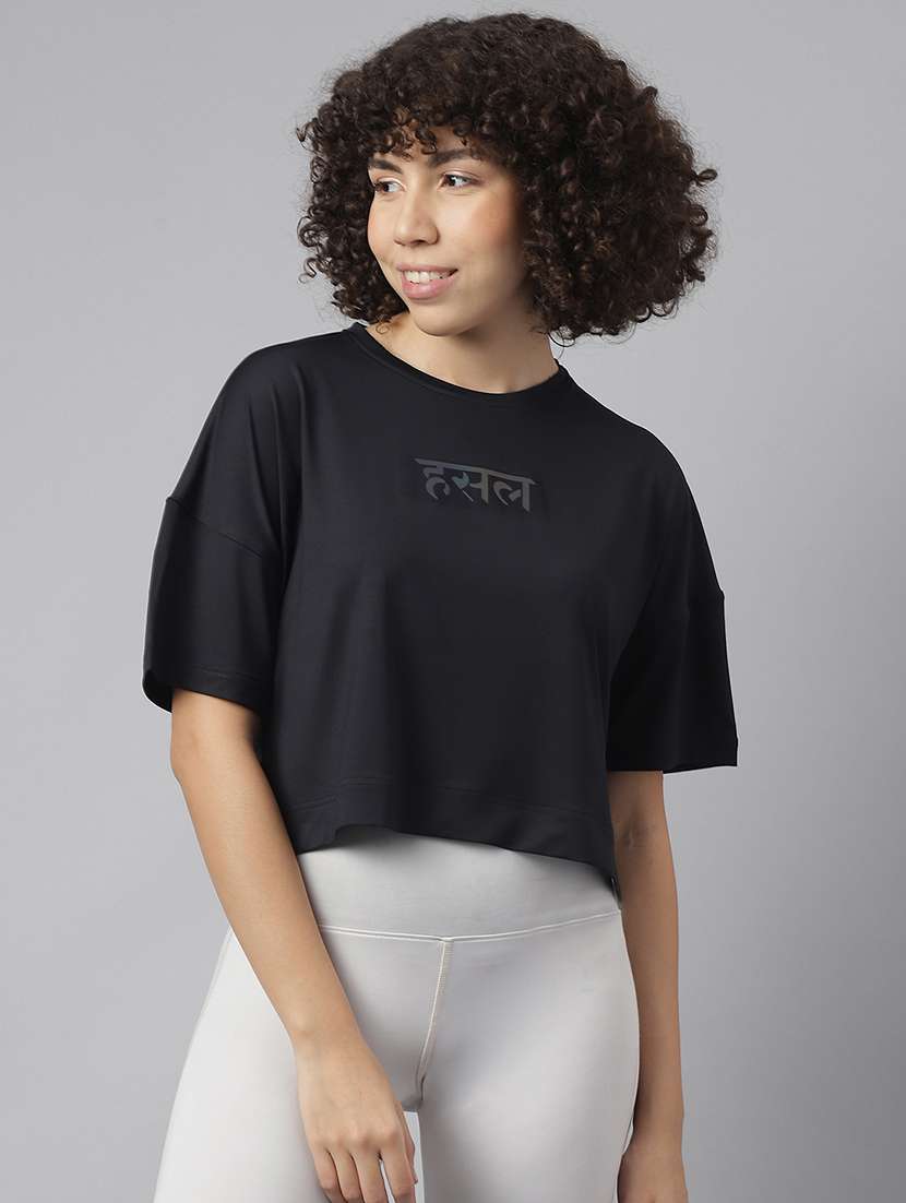 women printed dri-fit crop sports t-shirt
