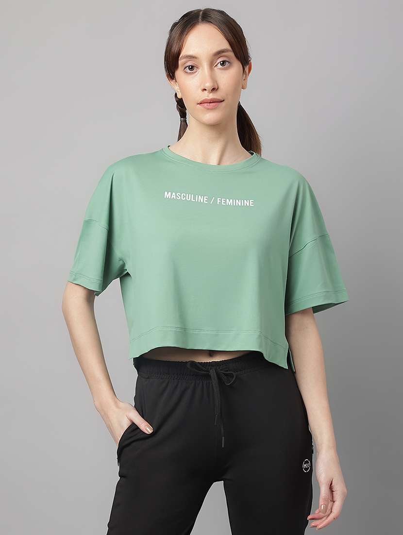 women printed dri-fit crop sports t-shirt