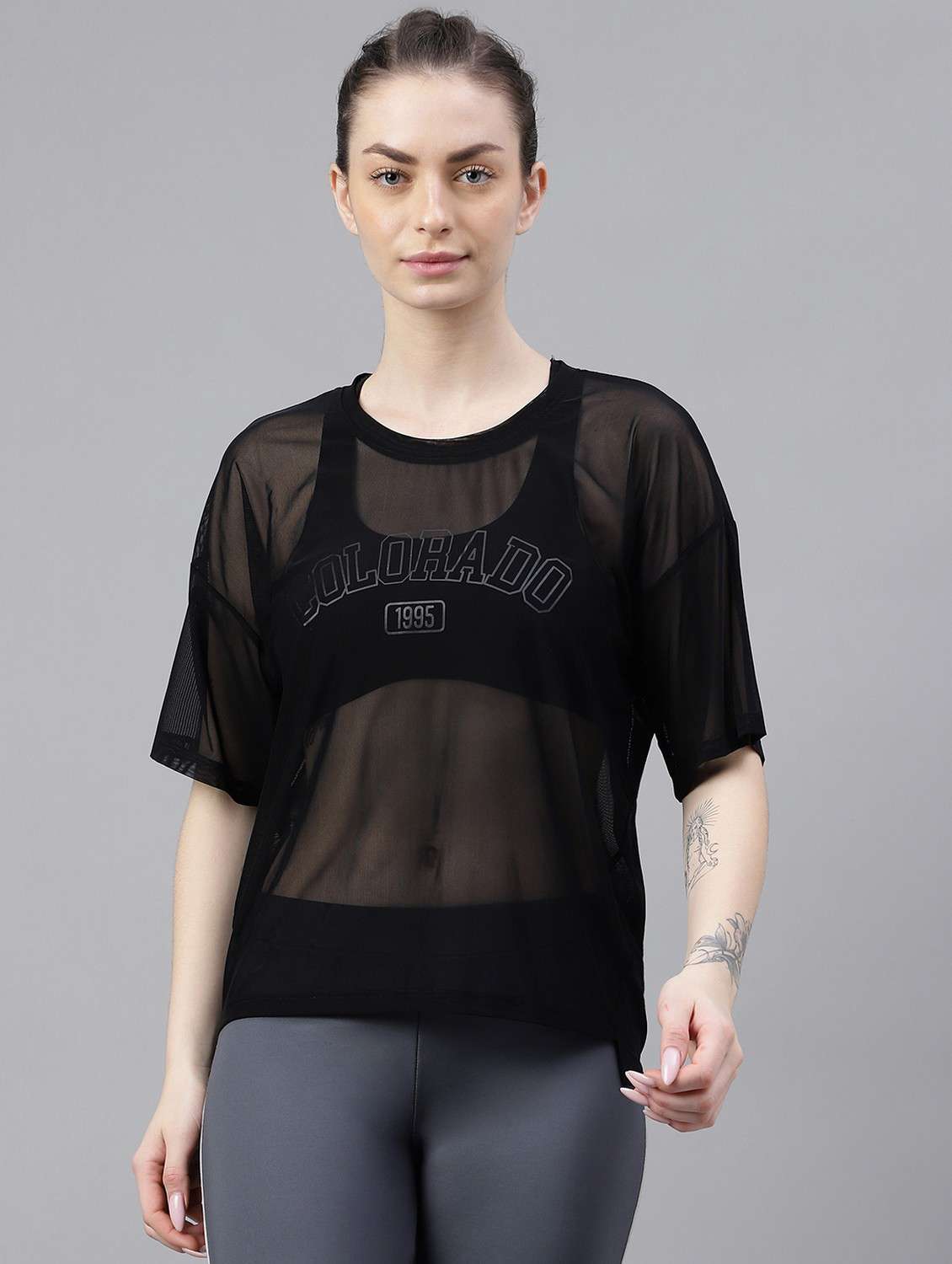 women printed relaxed fit mesh sports t-shirt