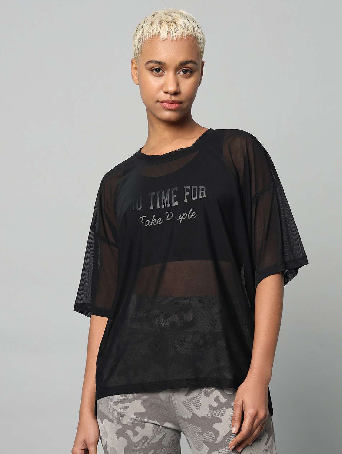 women printed relaxed fit mesh sports t-shirt