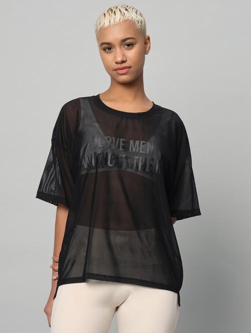 women printed relaxed fit mesh sports t-shirt - 21763280 - Standard Image - 0