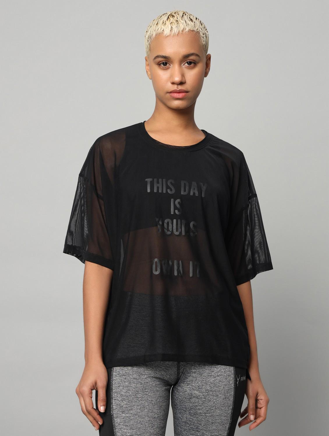 women black typographic round neck t-shirt - 21763281 - Zoom Image - 0