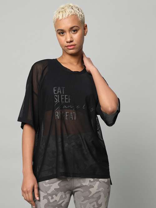 women printed relaxed fit mesh sports t-shirt - 21763285 -  Standard Image - 0
