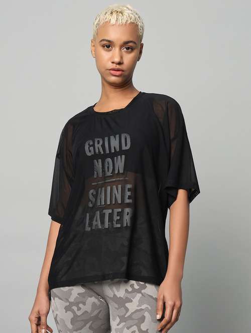 women printed relaxed fit mesh sports t-shirt - 21763289 - Standard Image - 0
