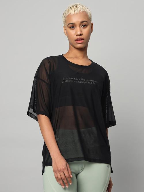 women printed relaxed fit mesh sports t-shirt - 21763292 - Standard Image - 0