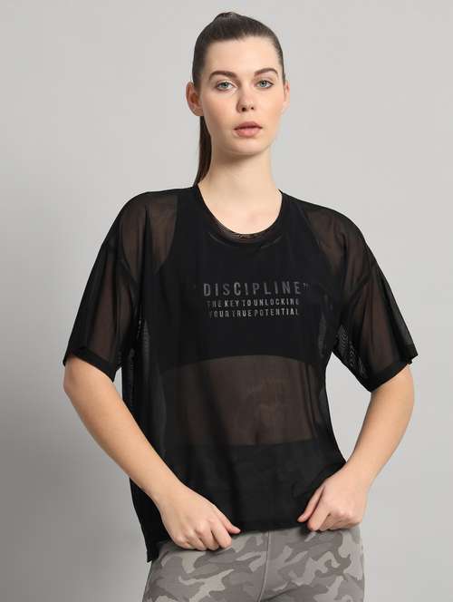 women printed relaxed fit mesh sports t-shirt - 21763302 -  Standard Image - 0