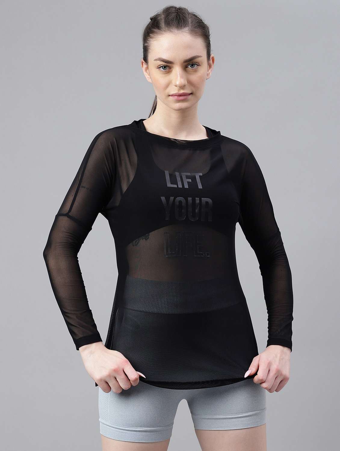 women black typographic long sleeve sport t-shirt - 21763376 -  Zoom Image - 0