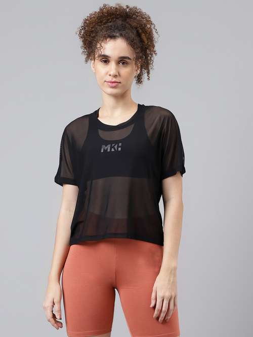 women black typographic round neck sport t-shirt - 21763390 - Standard Image - 0