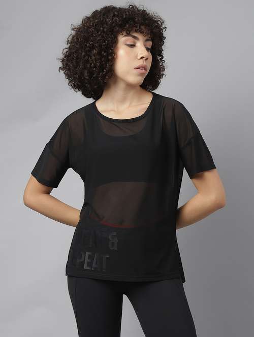 women black typographic round neck sport t-shirt - 21763398 -  Standard Image - 0