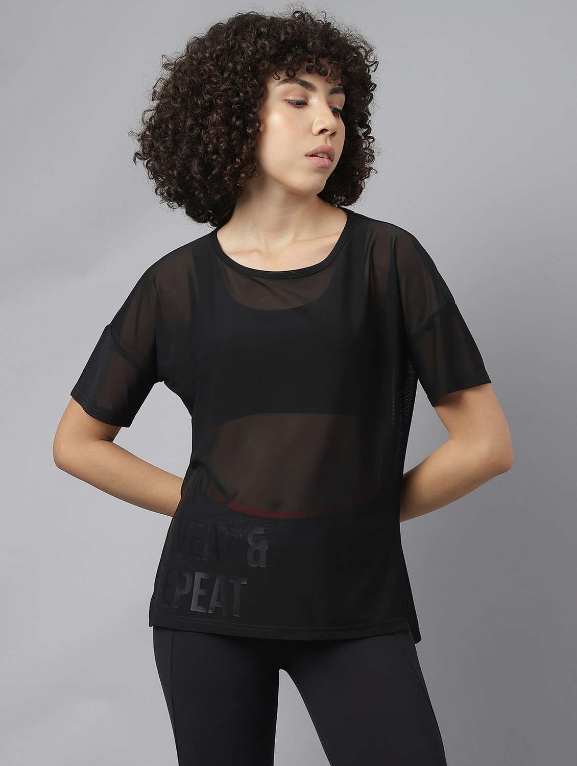 women black typographic round neck sport t-shirt - 21763398 -  Zoom Image - 0