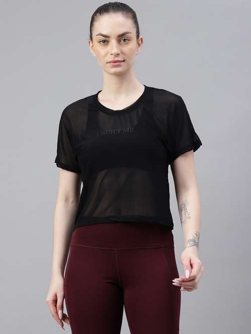 women black typographic round neck sport t-shirt - 21763401 -  Standard Image - 0