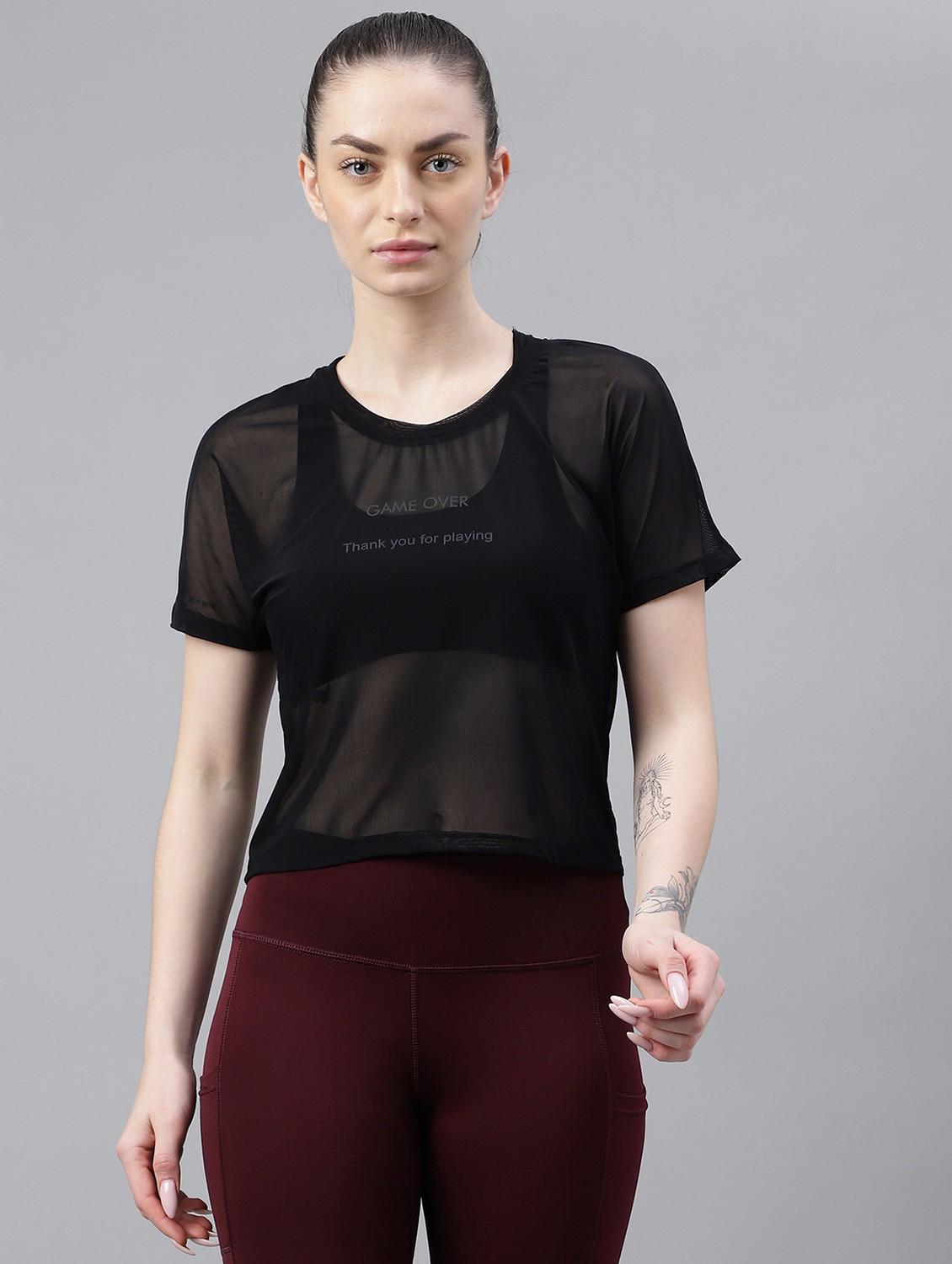 women black typographic round neck sport t-shirt - 21763405 -  Zoom Image - 0