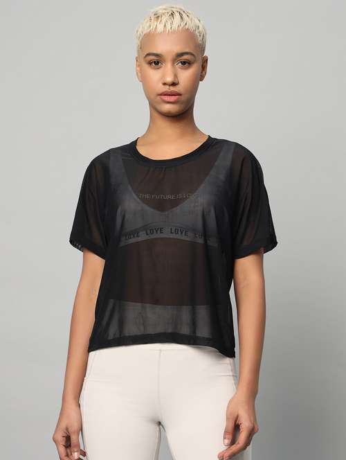 women black typographic round neck sport t-shirt - 21763414 -  Standard Image - 0