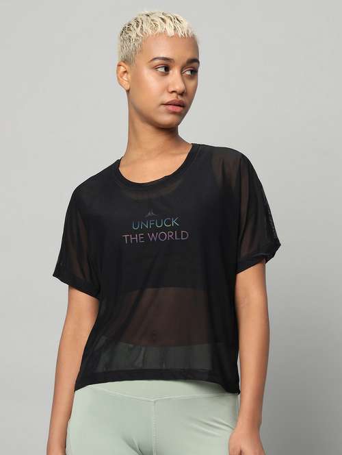 women black typographic round neck sport t-shirt - 21763416 -  Standard Image - 0