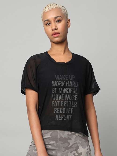 women black typographic round neck sport t-shirt - 21763418 -  Standard Image - 0