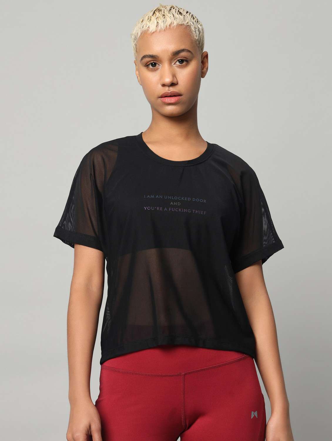 women typographic printed mesh sports t-shirt