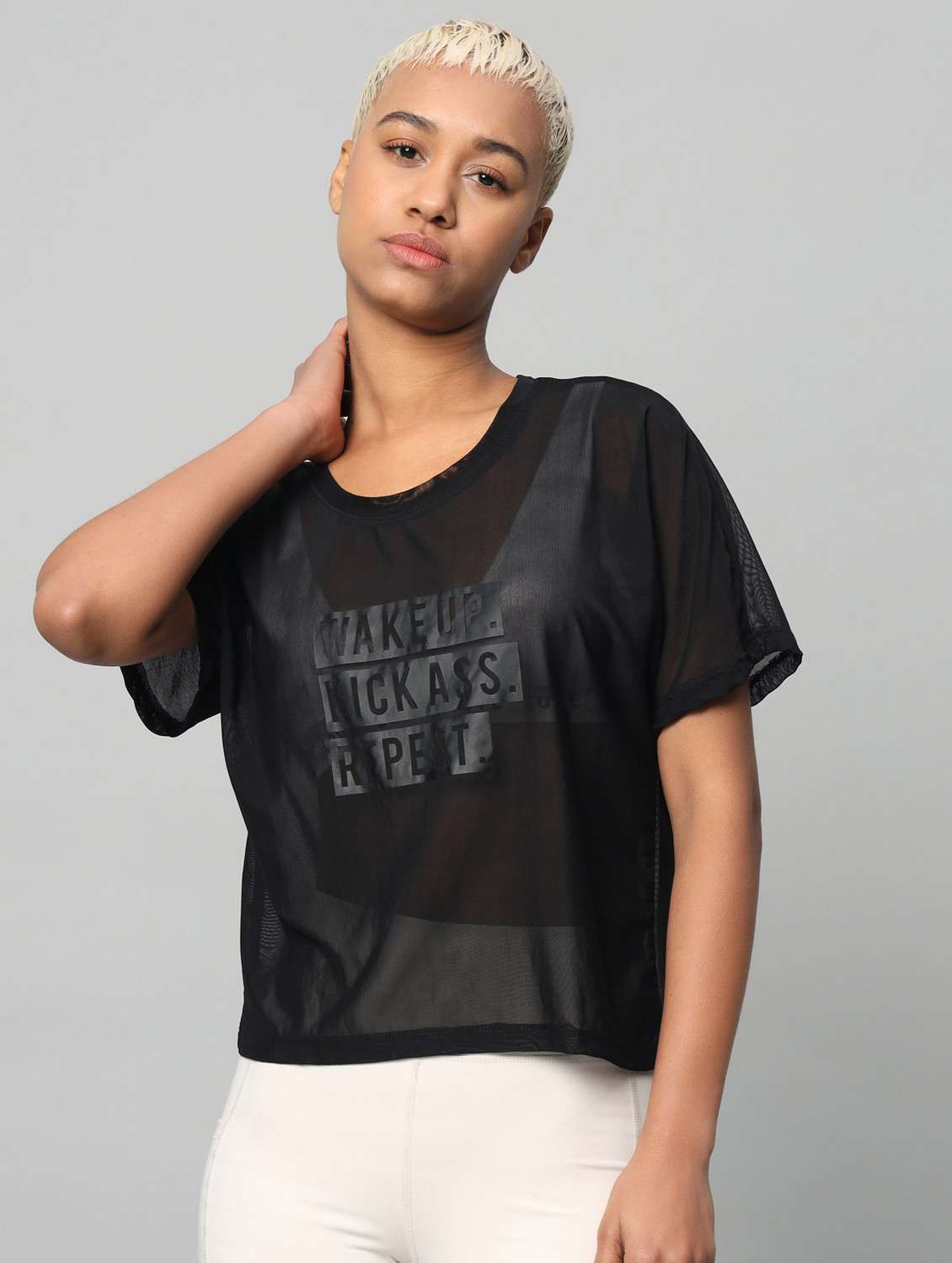 women typographic printed mesh sports t-shirt