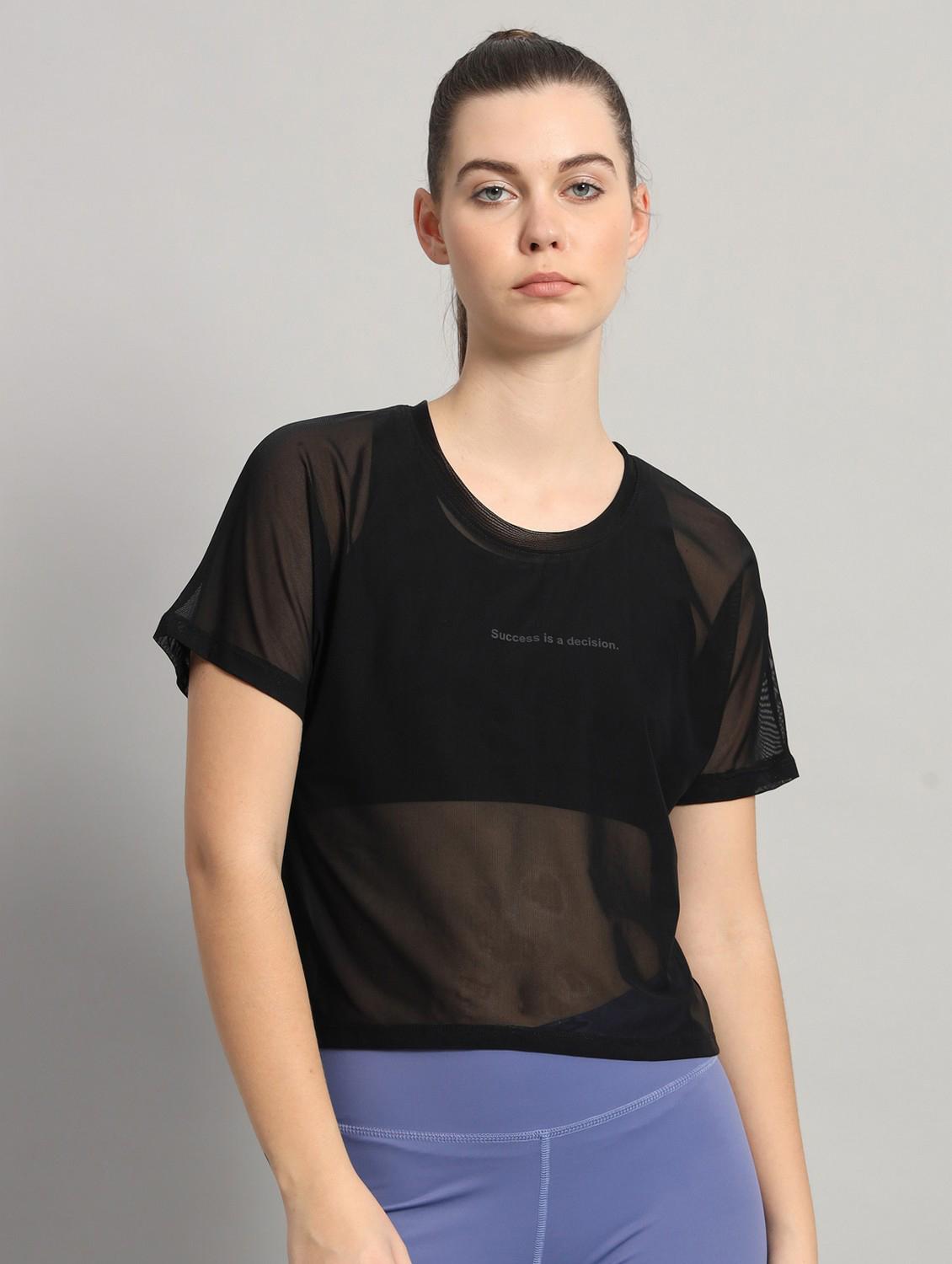 women black typographic round neck sport t-shirt - 21763426 - Zoom Image - 0