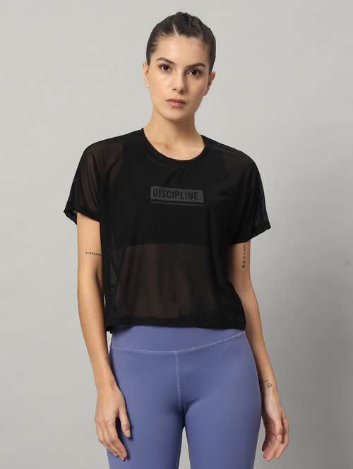women black typographic round neck sport t-shirt - 21763432 - Standard Image - 0