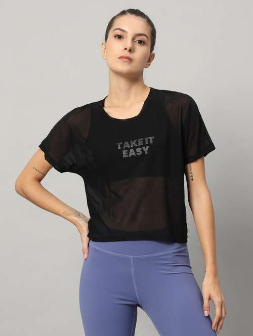 women black typographic round neck sport t-shirt - 21763433 -  Standard Image - 0