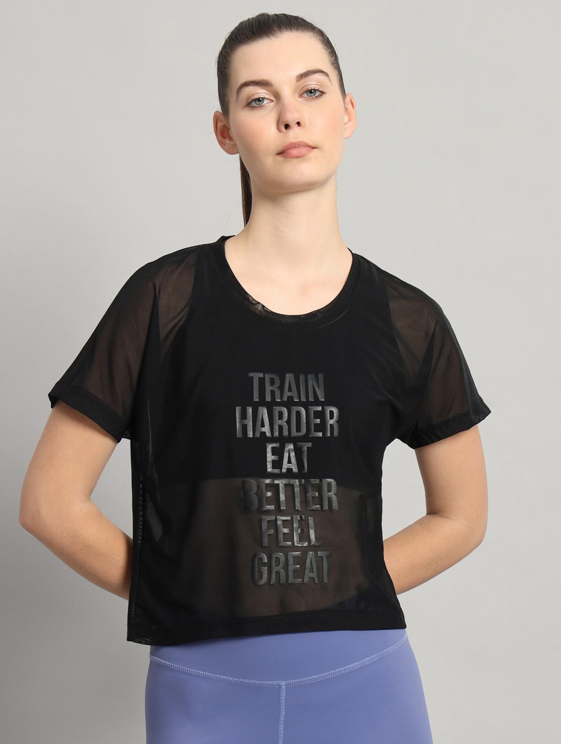 women black typographic round neck sport t-shirt - 21763439 - Zoom Image - 0