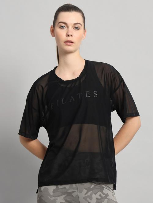 women black typographic round neck sport t-shirt - 21763447 - Standard Image - 0