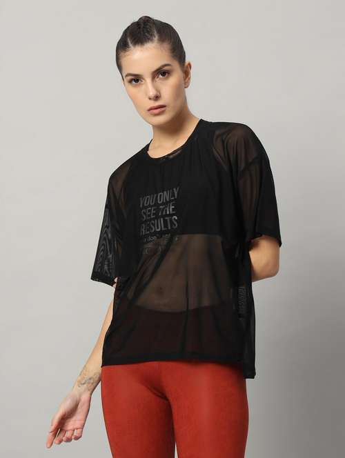 women black typographic round neck sport t-shirt - 21763455 -  Standard Image - 0