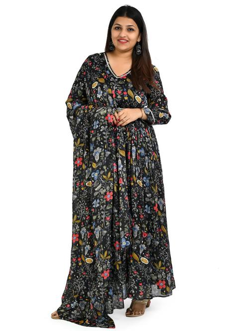 women black floral printed long sleeve kurta dupatta set - 21764185 -  Standard Image - 0