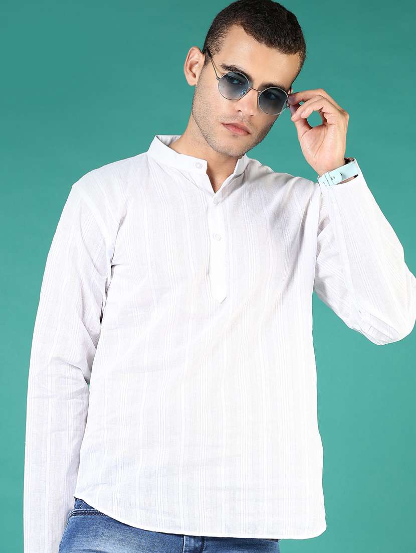 men striped mandarin neck short kurta